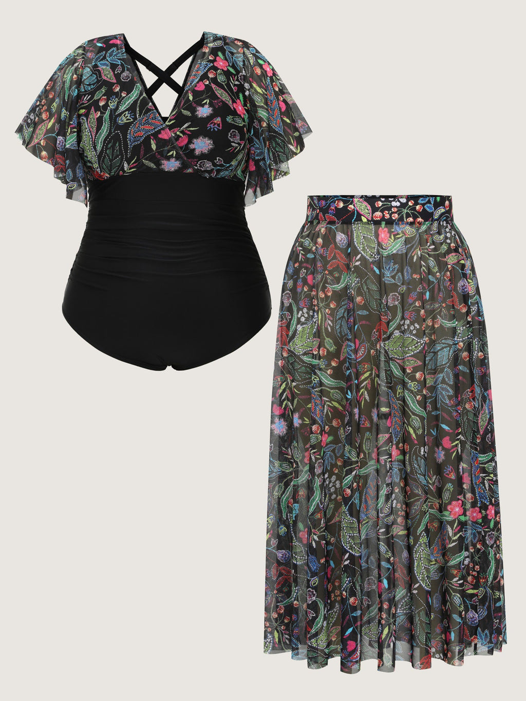 Sarong Slit Floral Print One-Piece Swim Set