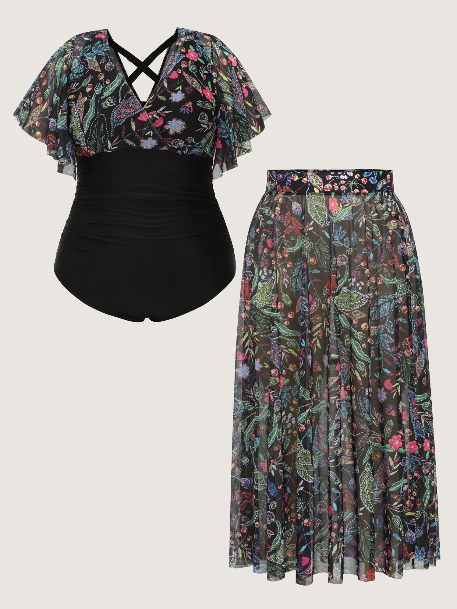 Sarong Slit Floral Print One-Piece Swim Set