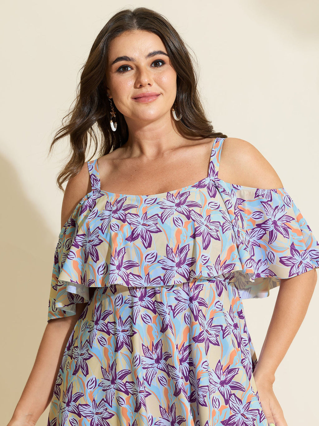 Floral Ruffle Trim Off Shoulder Pockets Swim Dress