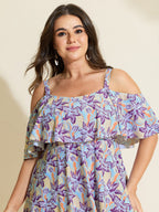 Floral Ruffle Trim Off Shoulder Pockets Swim Dress