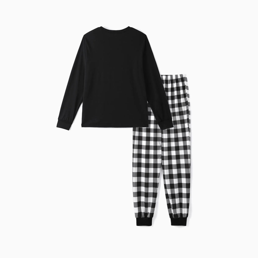 2025 Christmas Crew Making Memories Together Text Print Black Long Sleeve Top with Black And White Plaid Pants Family Matching Pajamas