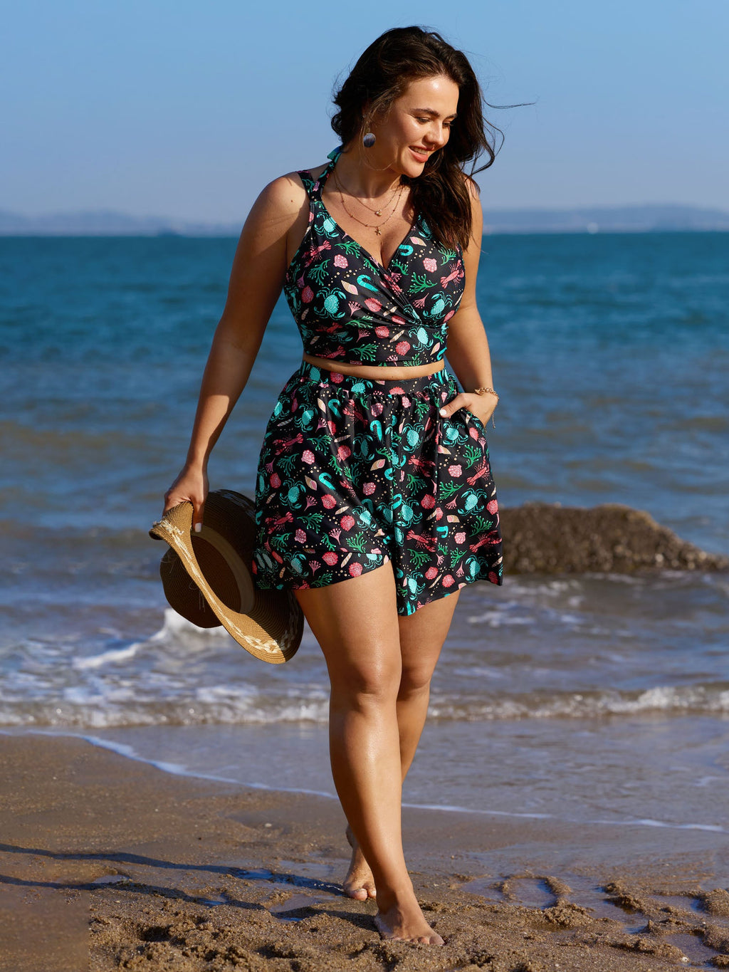 Ocean Print Neck-Tie Swim Top