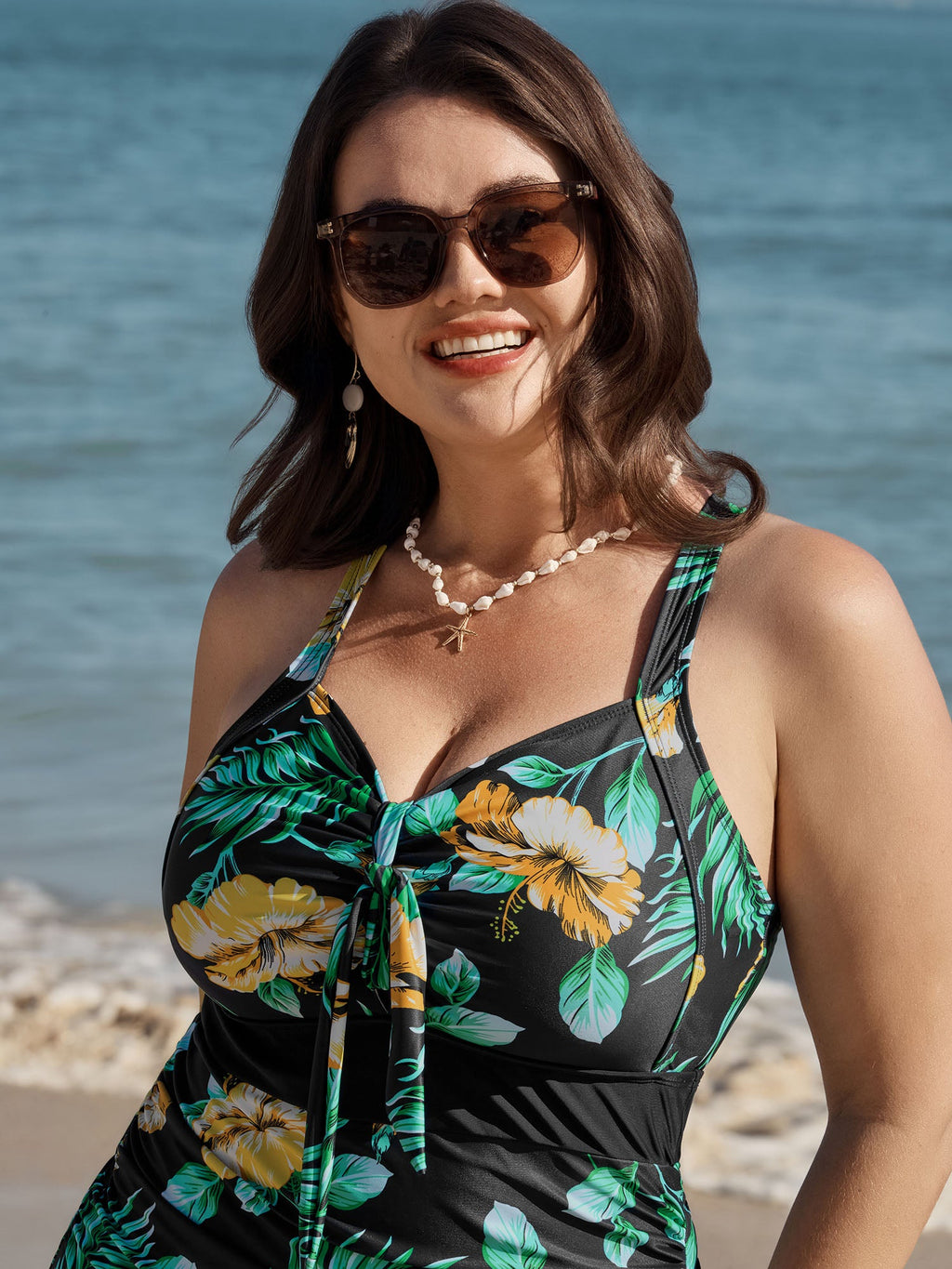 Tropical Print One Piece Swimsuit Sarong Set