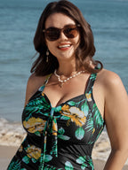 Tropical Print One Piece Swimsuit Sarong Set
