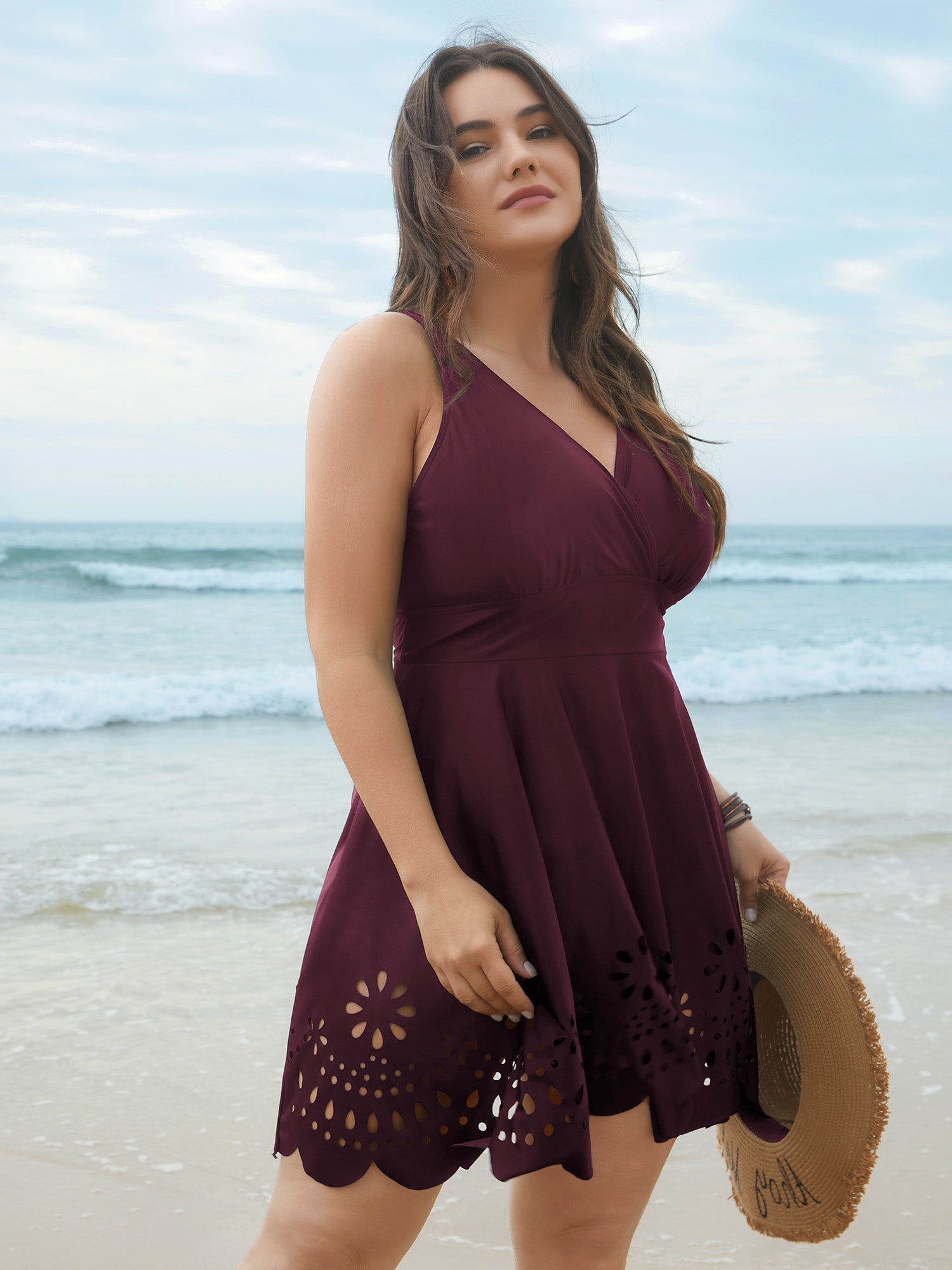 Laser Cut Surplice Neck Waist-Cinched Swim Dress