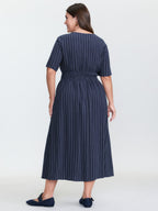Striped V-Neck Shirred Waist Midi Dress