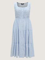 Check Pattern Shirred Bodice Midi Dress