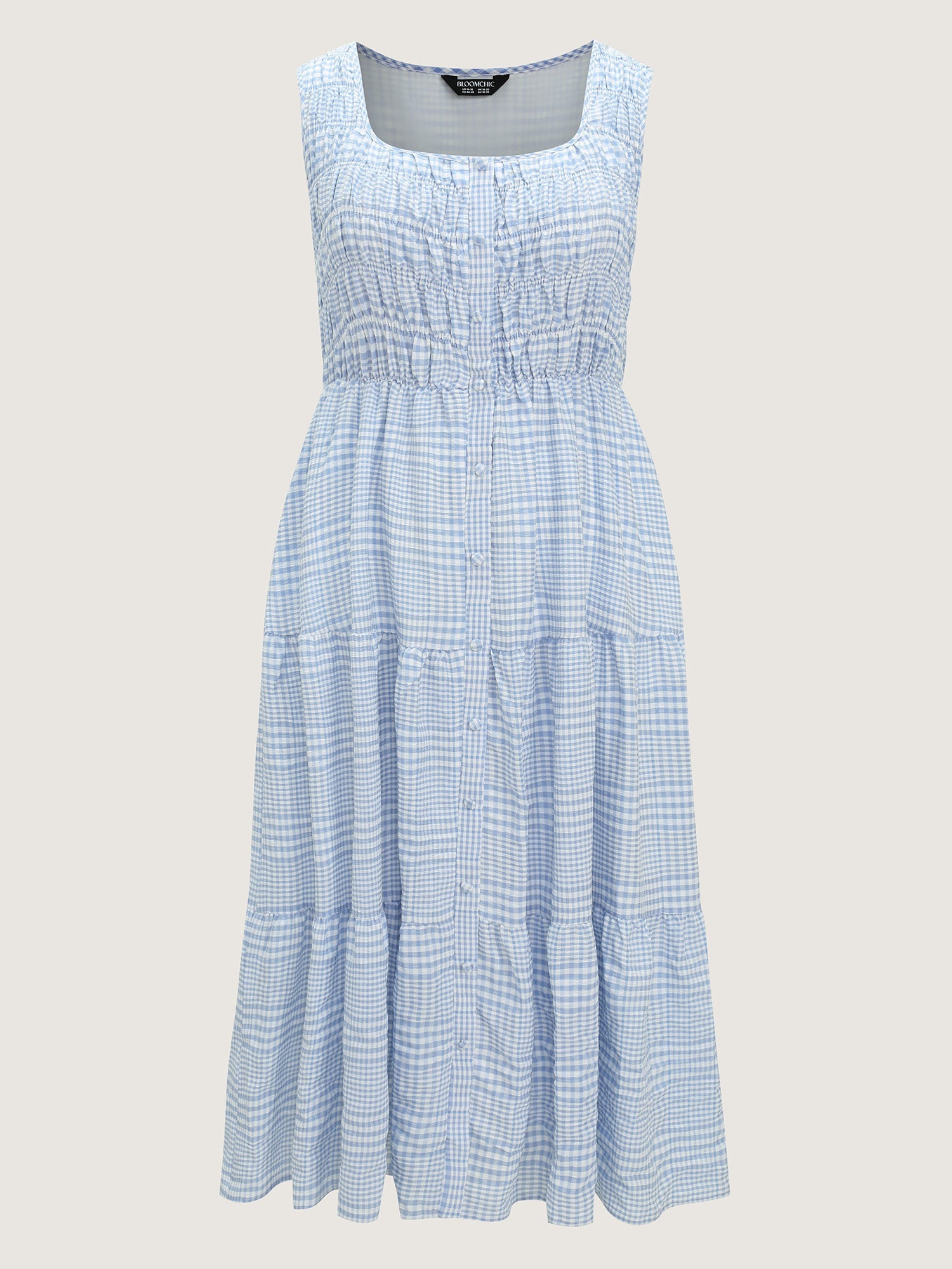 Check Pattern Shirred Bodice Midi Dress