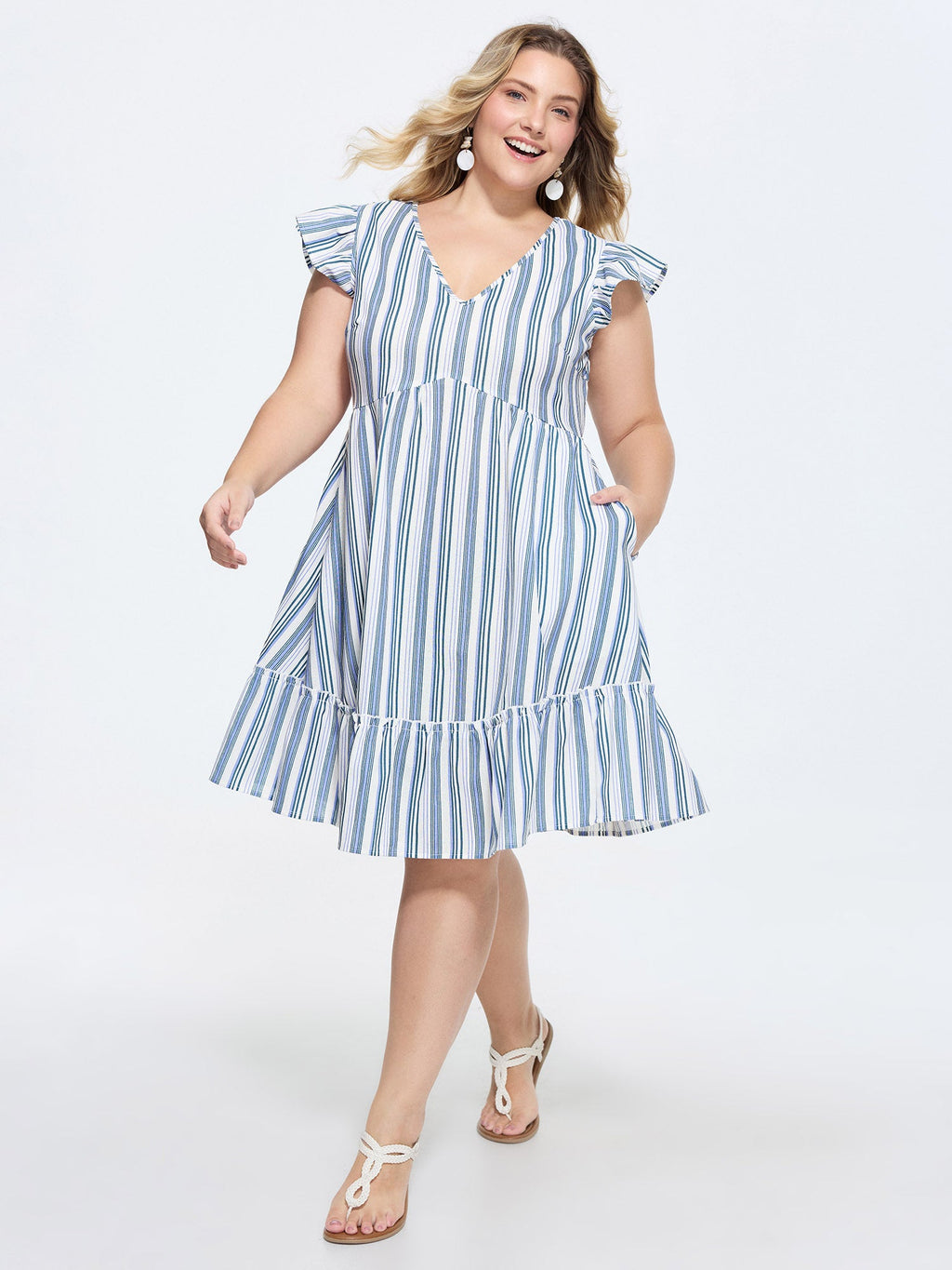 Linen Blend Nautical Striped Print Ruffled Mini Dress