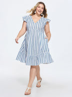 Linen Blend Nautical Striped Print Ruffled Mini Dress