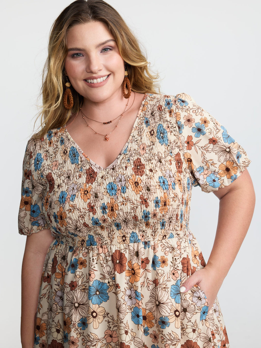 Fall Florals Shirred Bodice Midi Dress