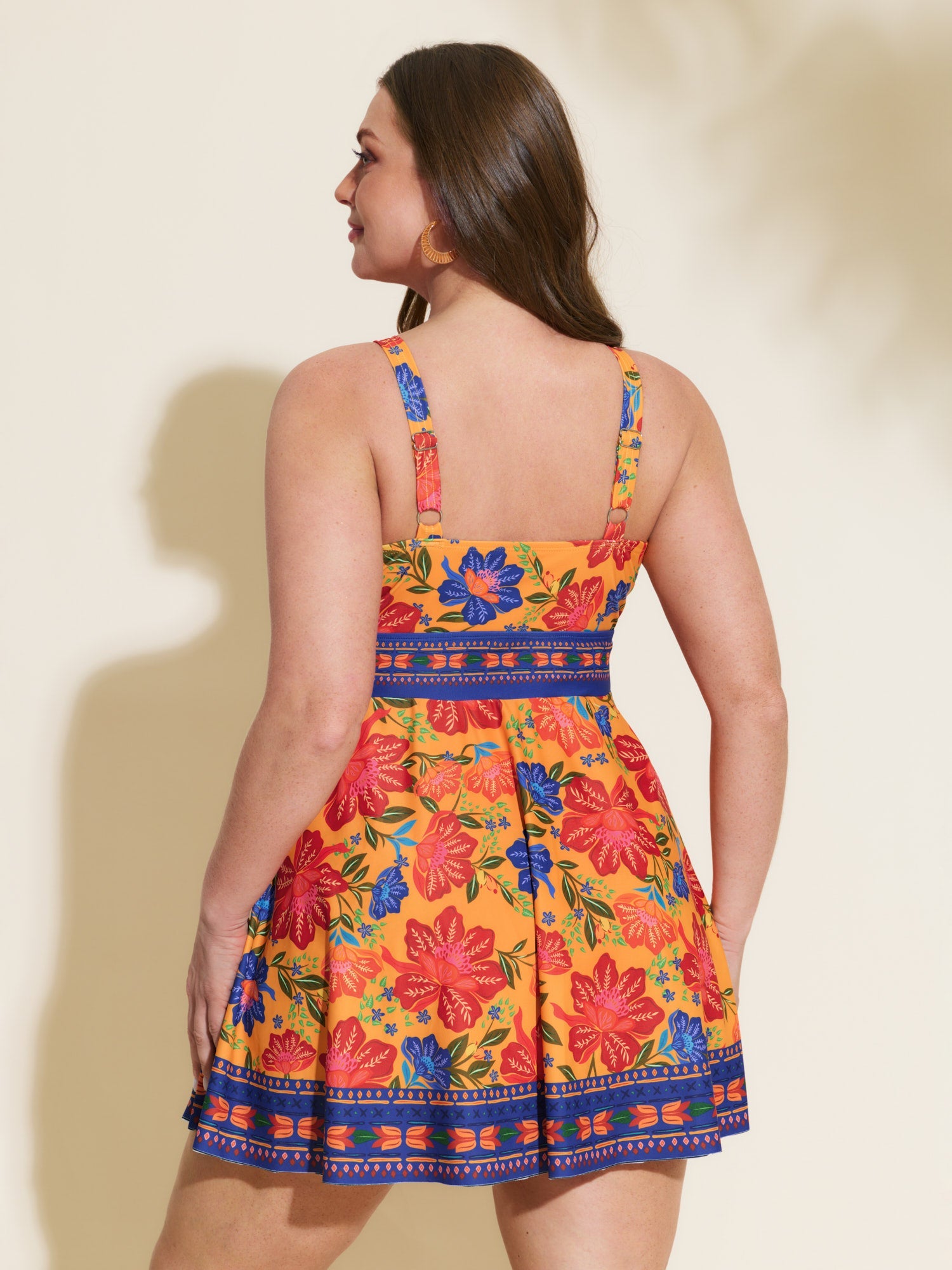 Floral Surplice Neckline Pockets Swim Dress