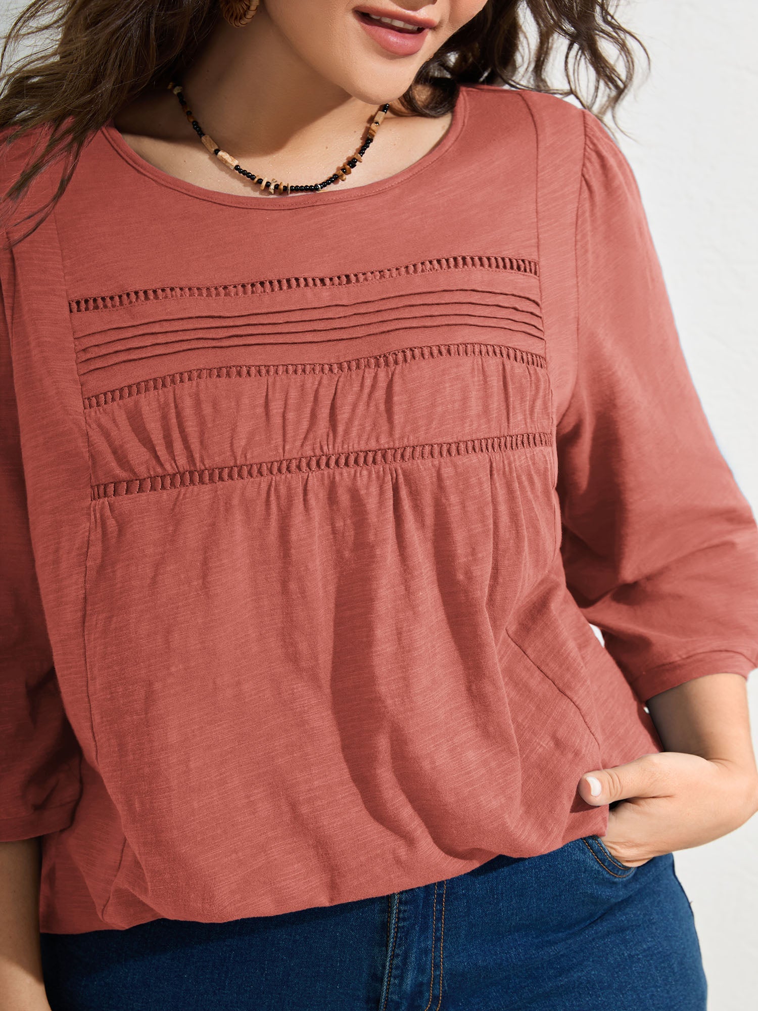 Cotton Lace Spliced Plain Knit Top
