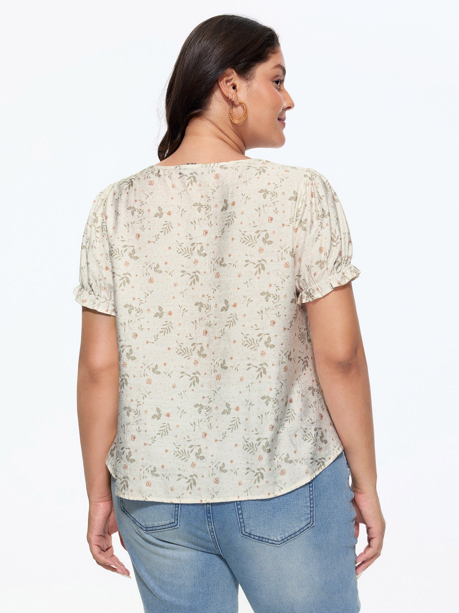 Floral Print Lace Neckline Blouse