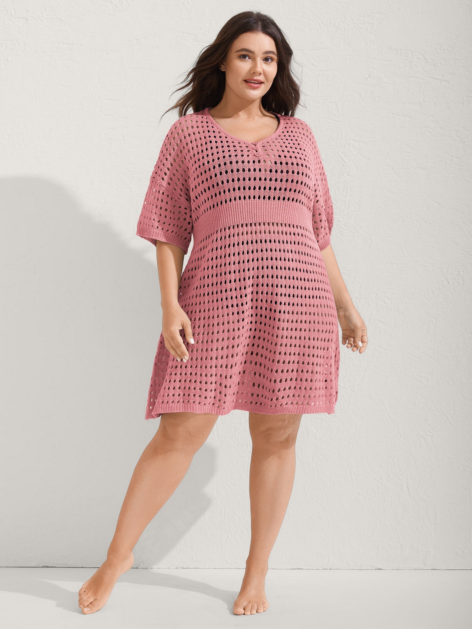 Cut-Out Waist-Cinched Button Swim Cover-Up