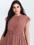 Textured Sheer Ruffled Mock Neckline Midi Dress