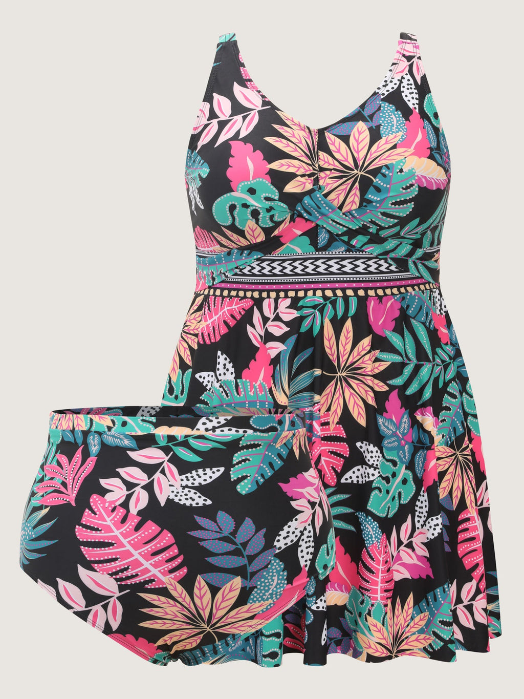Playful Tropical Floral Print Pockets Swim Dress