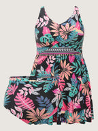Playful Tropical Floral Print Pockets Swim Dress