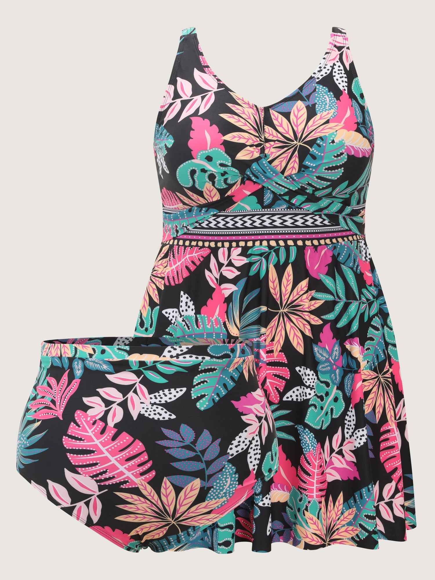 Playful Tropical Floral Print Pockets Swim Dress
