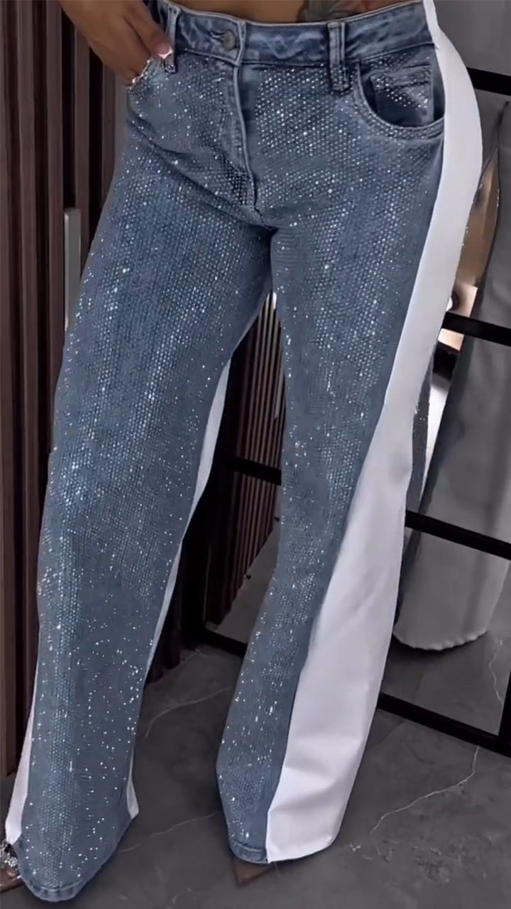 Ladies Spliced Rhinestone Casual Pants