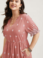 Floral Waist-Tie Notched Collar Midi Dress