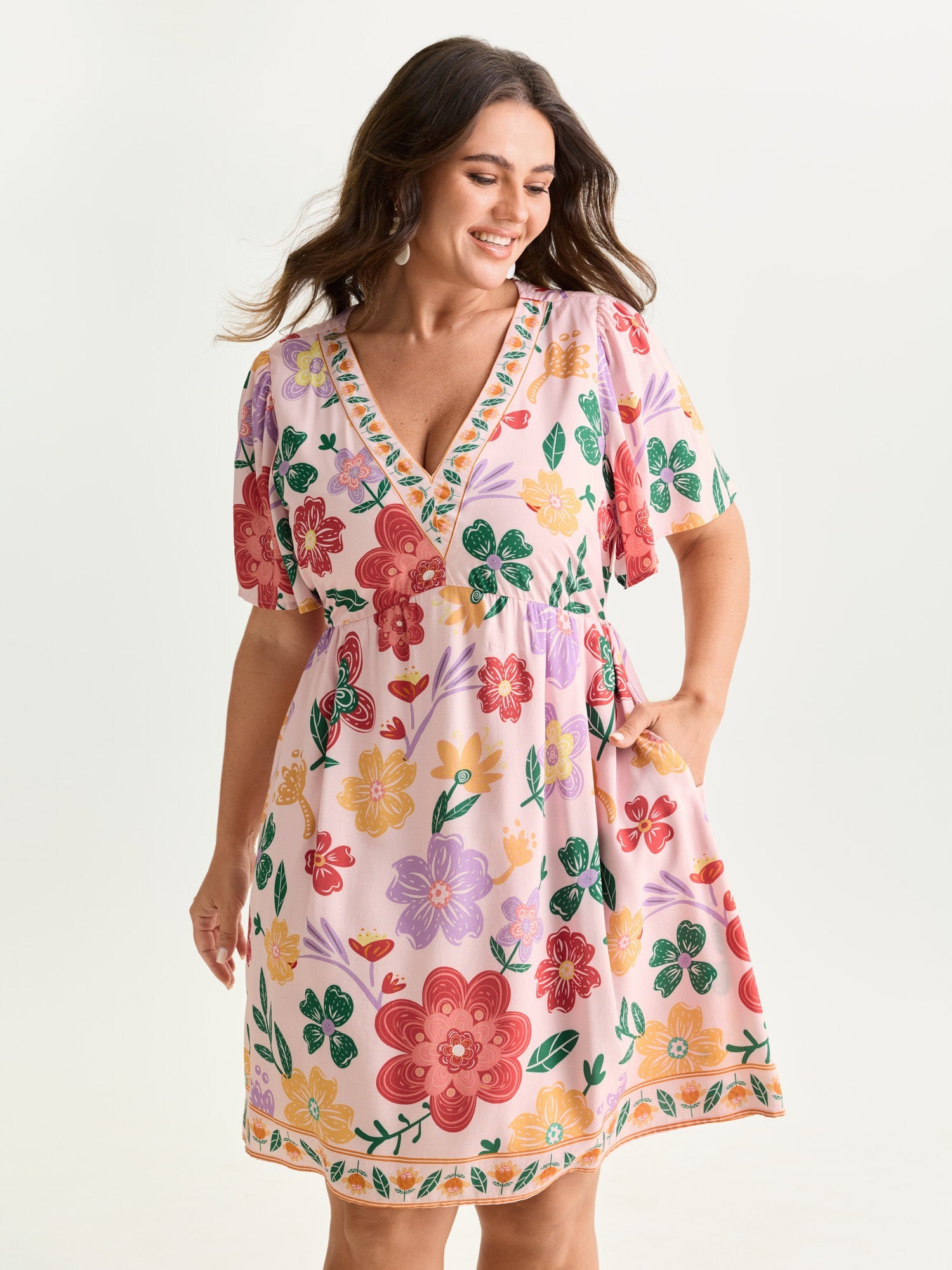 Colorful Floral Print V-Neck Mini Dress