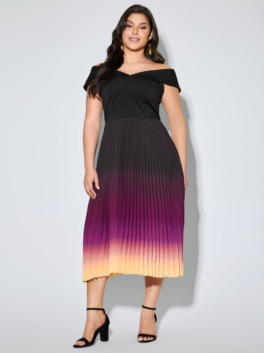 Ombre Gradient Pleated Off-Shoulder Midi Dress