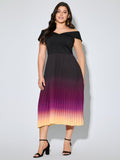 Ombre Gradient Pleated Off-Shoulder Midi Dress