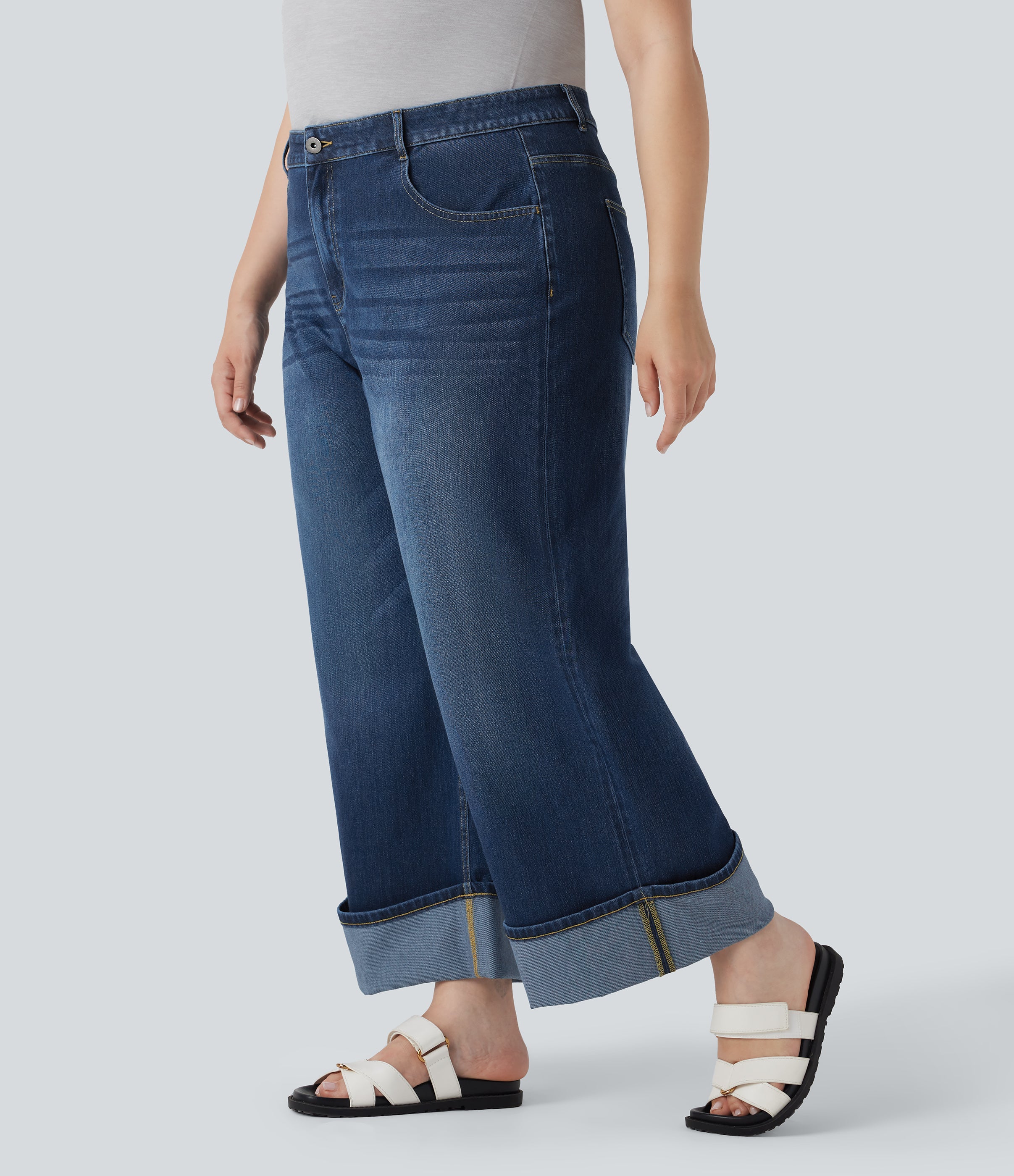 Plus Size FlexTM High Waisted Wide Leg Rolled Hem Washed Stretchy Knit Casual Jeans with Pockets
