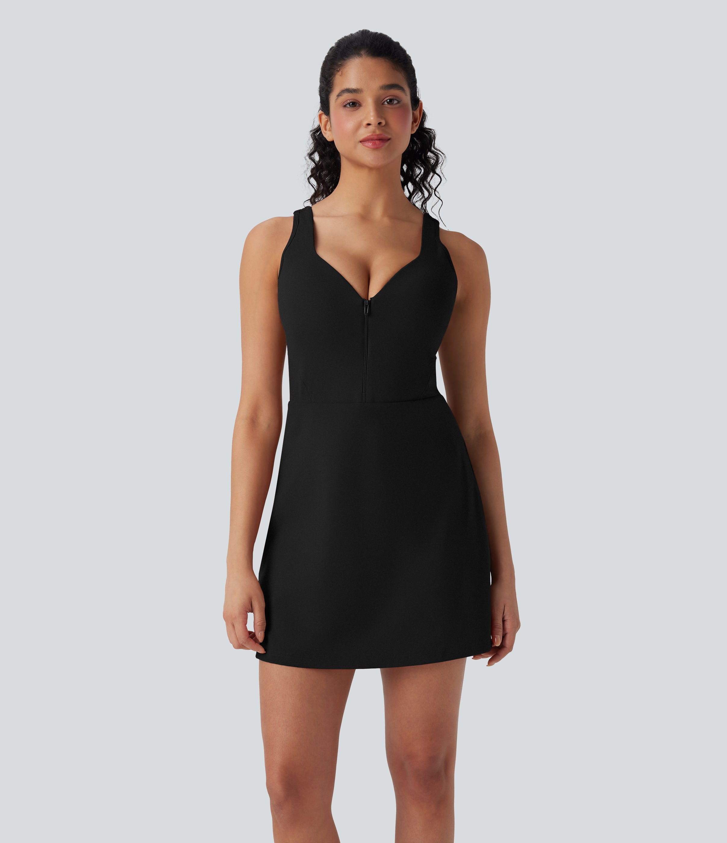SoftlyZeroTM Plush Push-Up Molded Cups Zipper 2-in-1 Yoga Active Dress with Pockets-Easy Peezy-D/DD/DDD/F