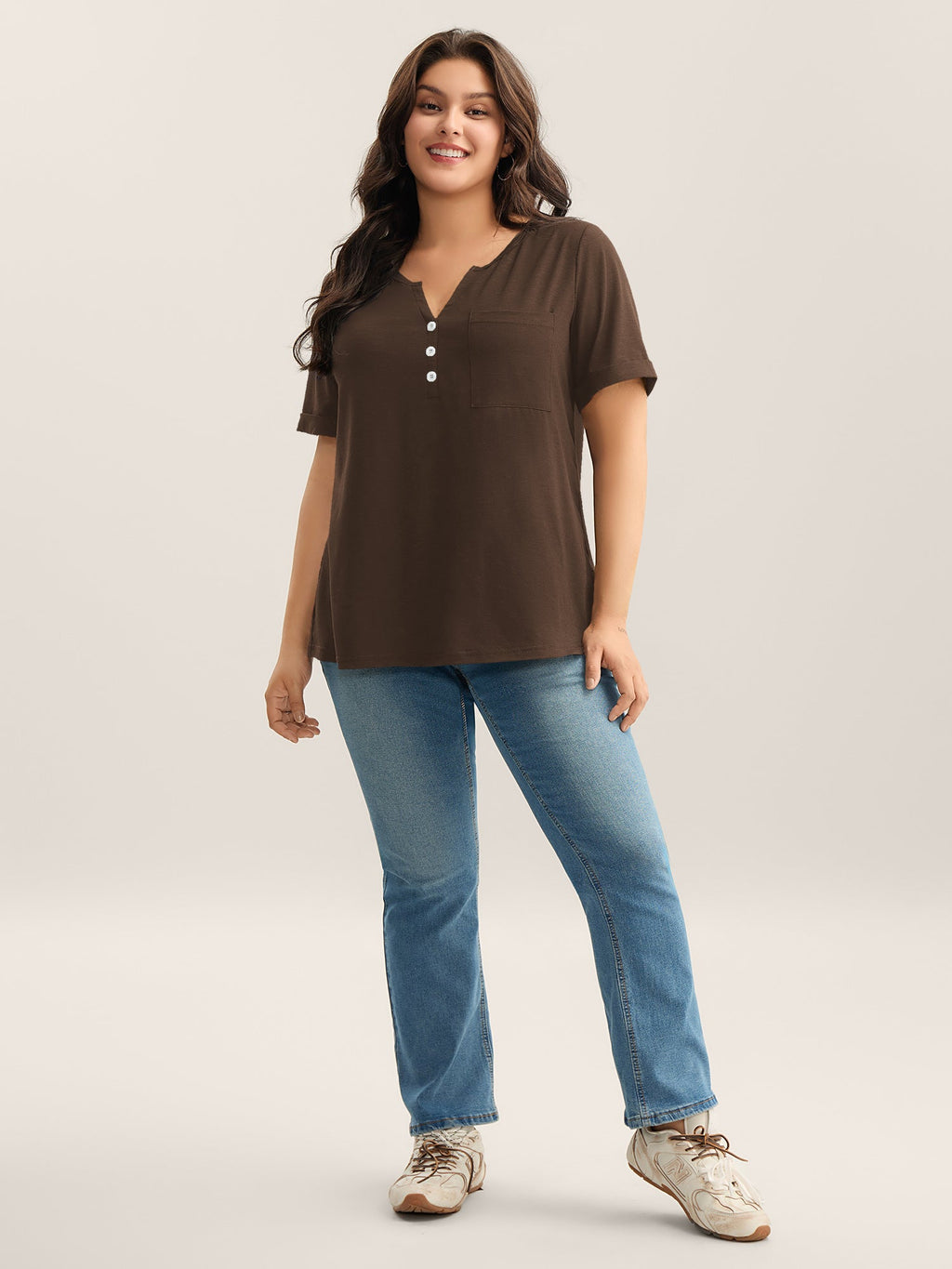 Solid Split Neck Button Detail T-Shirt