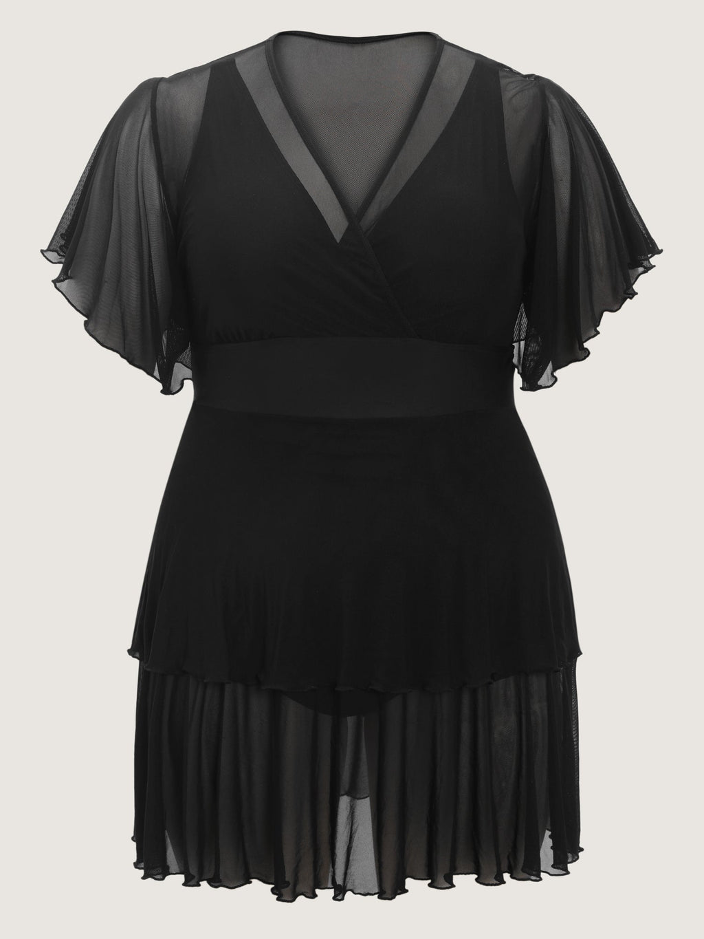 Sheer Ruffled Sleeve Layered Swim Dress