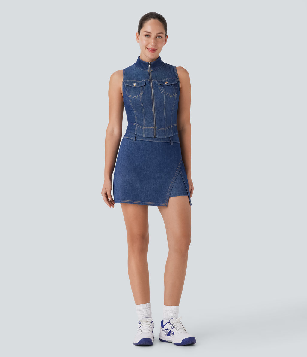 FlexTM Stand Collar Zipper Cool Touch Washed Denim Tennis Tank Top