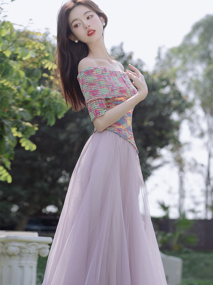 Dreamy Off Shoulder Knitted Top + Tulle Skirt 2pcs Set