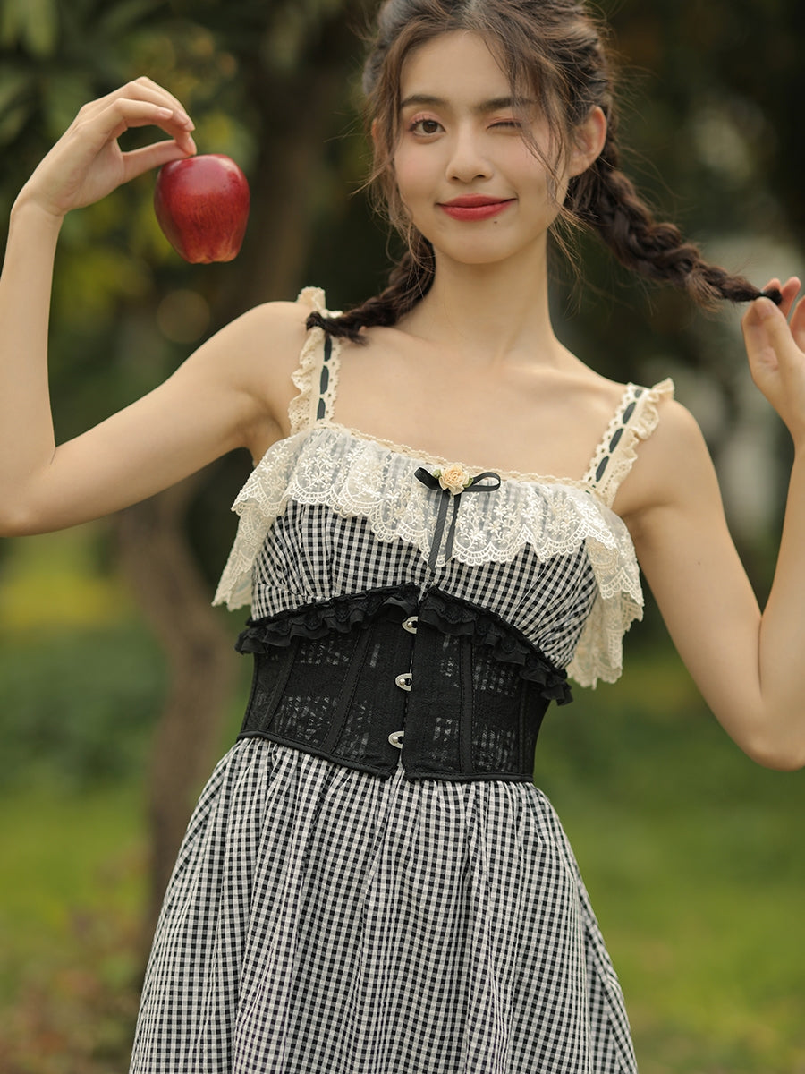Black Lace Boned Corset + Lace Checkered Slip Dress