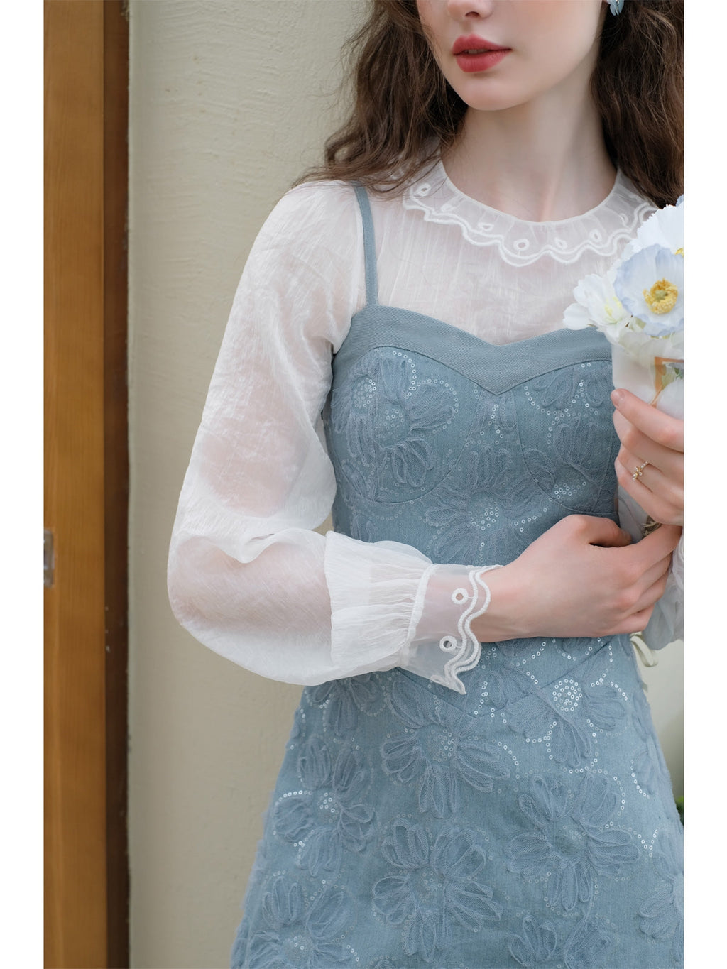 Sheer Chiffon Bottom Top + Floral Denim Pinafore Dress