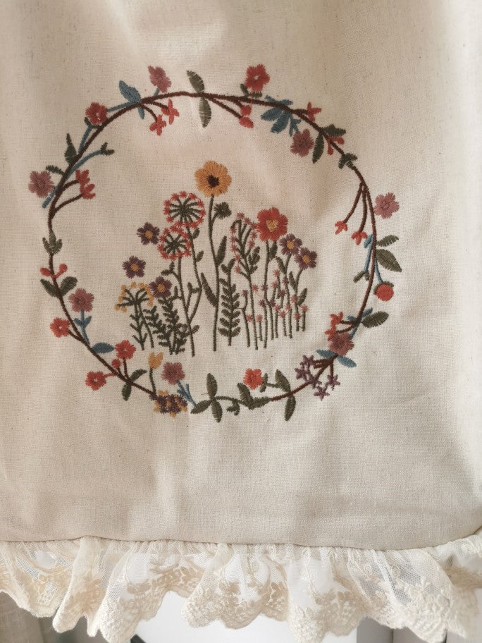 Floral Embroidered Lace Trim Linen Bag