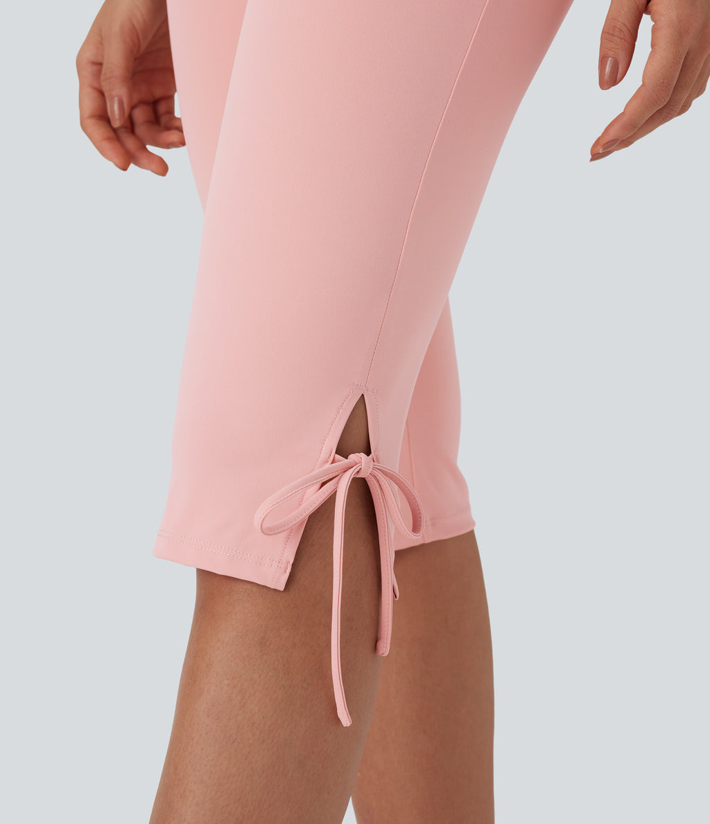 Mid Rise Lace Up Capri Casual Pants with Pockets