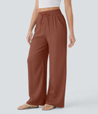 Women Summer High Waisted Drawstring Pocket Wide Leg Casual Linen-Feel Pants