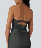 FlexTM Halter Bodycon 2-Piece Cool Touch Washed Denim Mini Tennis Active Dress with Pockets