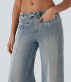 FlexTM Low Rise Drawstring Washed Casual Baggy Jeans with Pockets