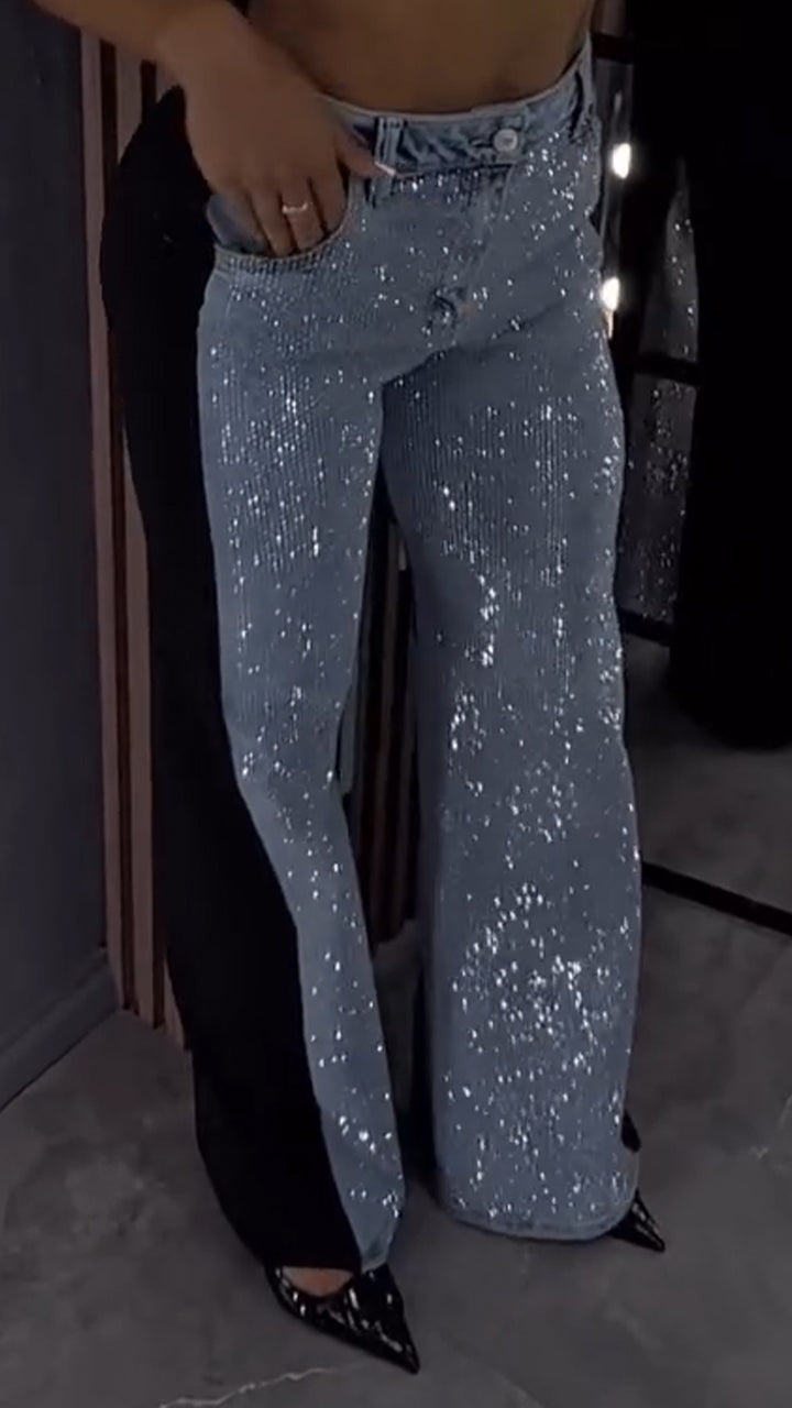 Ladies Spliced Rhinestone Casual Pants