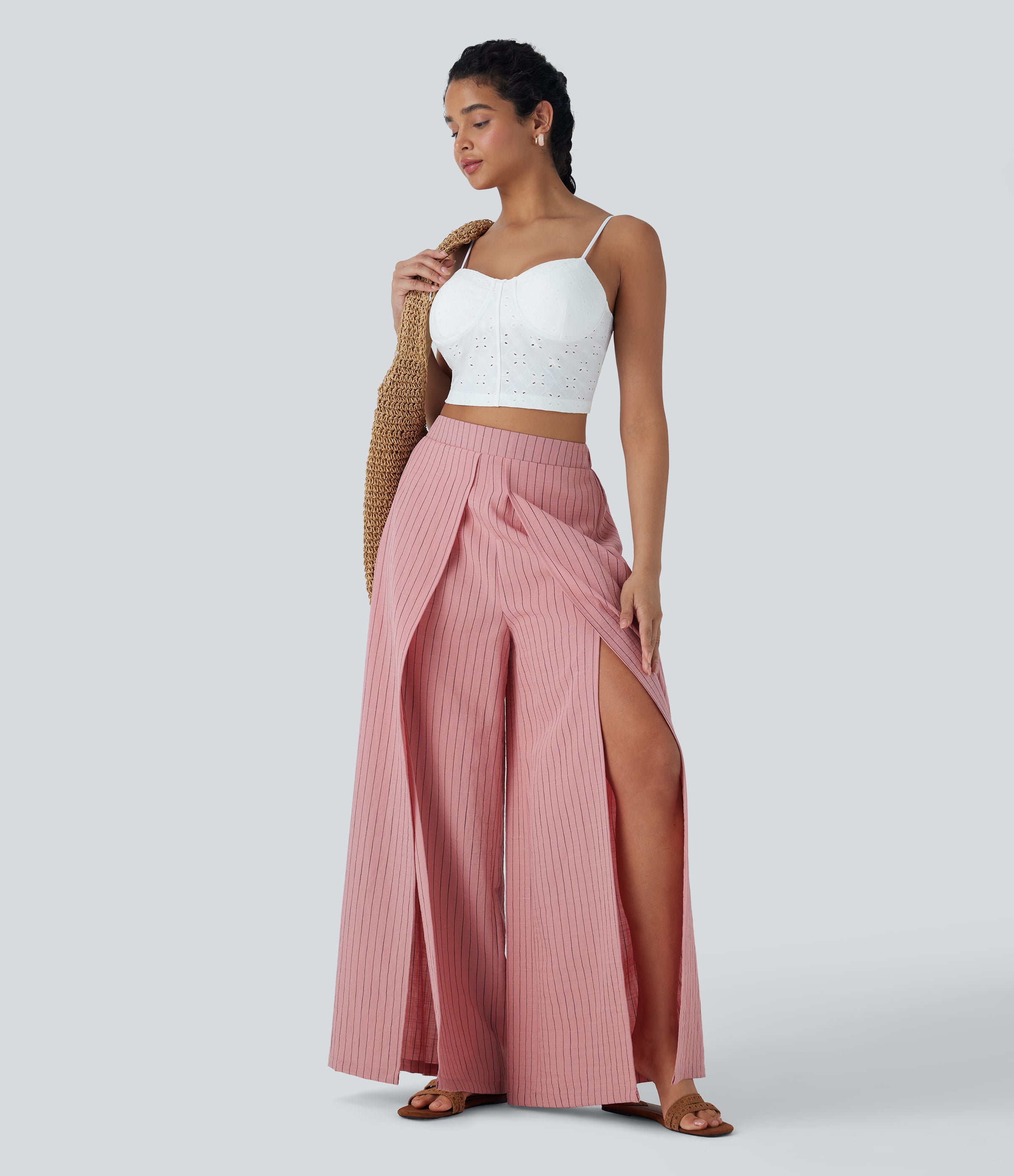 High Waisted Stripe Wide Leg Linen-Feel Pants with Pockets