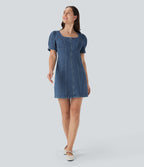 FlexTM Square Neck Short Sleeve Zipper Denim Mini Casual Dress