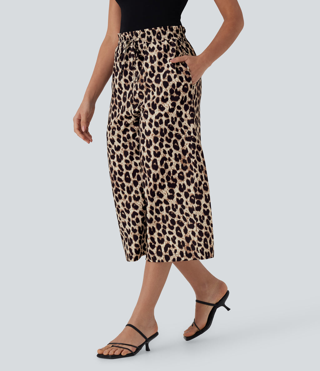 High Waisted Drawstring Leopard Print Wide Leg Capri Casual Pants with Pockets