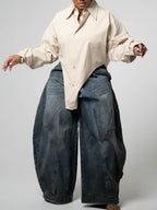 Fashion Asymmetric Placket Cocoon Silhouette Washed Jeans