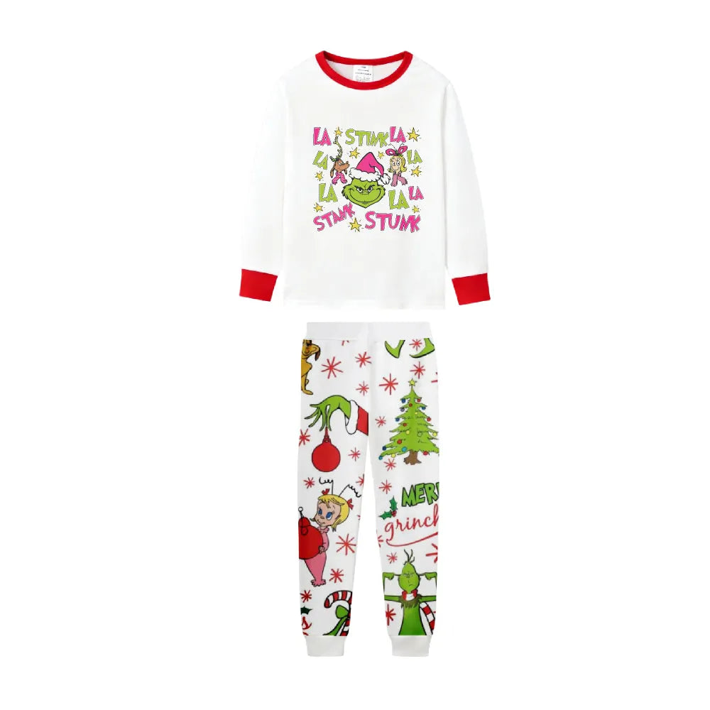 Family Christmas White Pajamas Set With Colorful Xmas Pattern Design