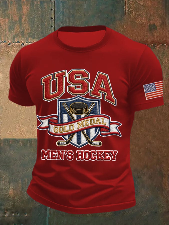 Men's Retro USA Mens Hockey Gold Medal Print Casual T-Shirt