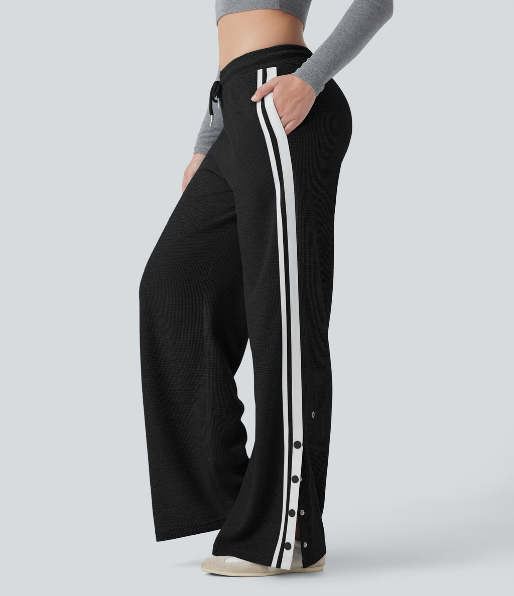 Low Rise Drawstring Color Block Snap Waffle Casual Wide Leg Pants with Pockets