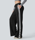 Low Rise Drawstring Color Block Snap Waffle Casual Wide Leg Pants with Pockets